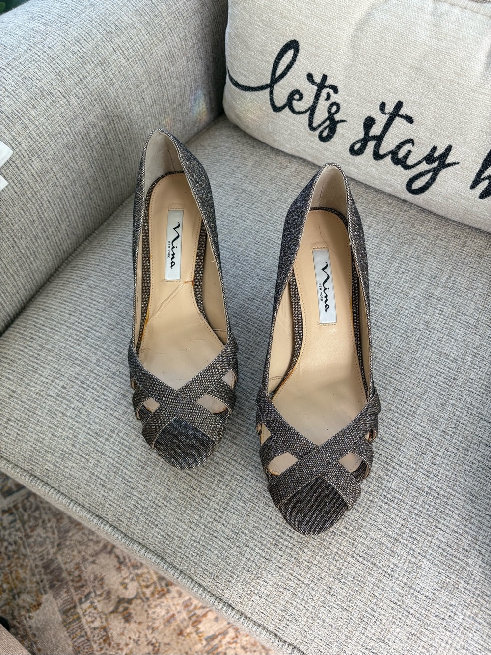 Nina Metallic bronze Peep-Toe Heels with Crisscross Straps